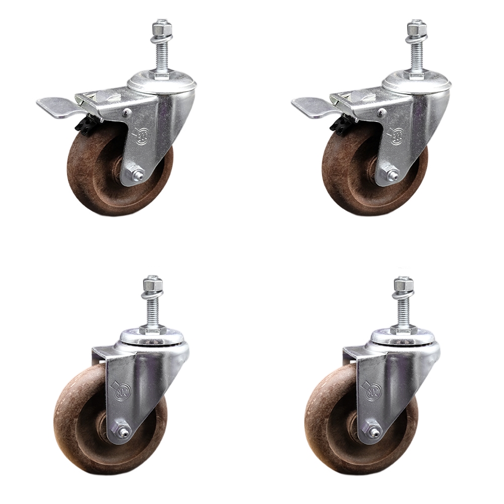 Stainless Steel High Temperature Glass Filled Nylon Swivel Threaded Stem Caster with 4 x 1.25 in. Brown Wheels & 10 mm Stems - Set of 4