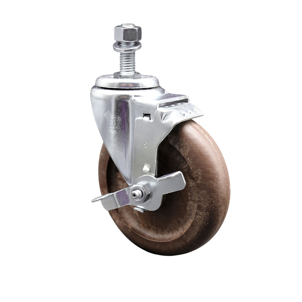 High Temperature Glass Filled Nylon Swivel Threaded Stem Caster with 5 x 1.25 in. Brown Wheel & 12 mm Stem & Top Locking Brake