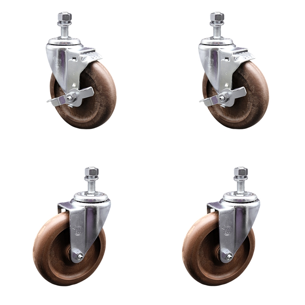 High Temperature Glass Filled Nylon Swivel Threaded Stem Caster with 5 x 1.25 in. Brown Wheels & 12 mm Stems - Set of 4