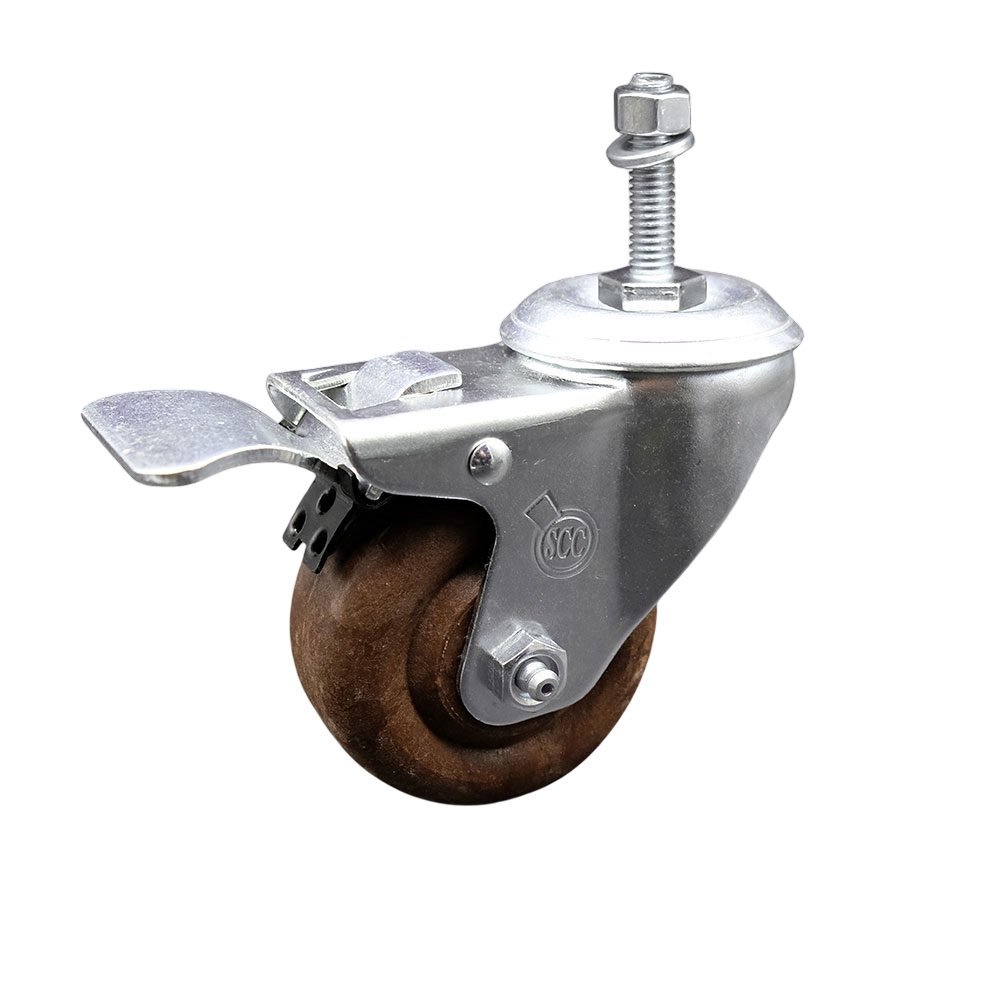 Stainless Steel High Temperature Glass Filled Nylon Swivel Threaded Stem Caster with 3.5 x 1.25 in. Brown Wheel & 12 mm Stem & Total Locking Brake