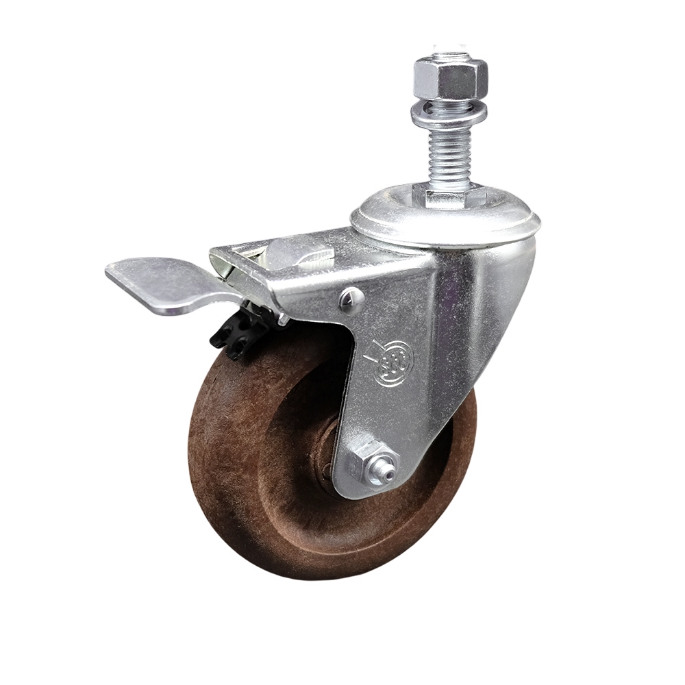Stainless Steel High Temperature Glass Filled Nylon Swivel Threaded Stem Caster with 4 x 1.25 in. Brown Wheel & 12 mm Stem & Total Locking Brake