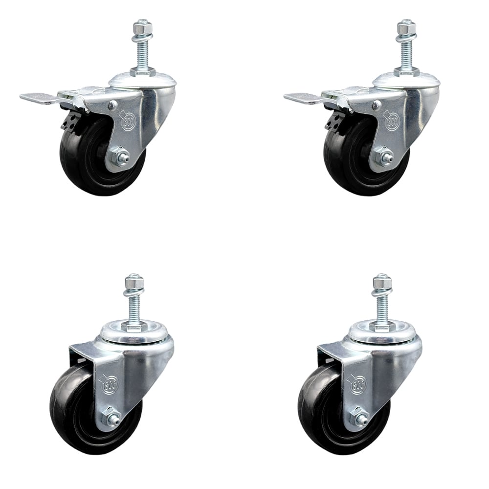 SCC-TSTTL20S314-HRS-381615-2-S-2 Hard Rubber Swivel Threaded Stem Caster with 3 x 1.25 in. Black Wheels & 0.38 in. Stems - Set of 4