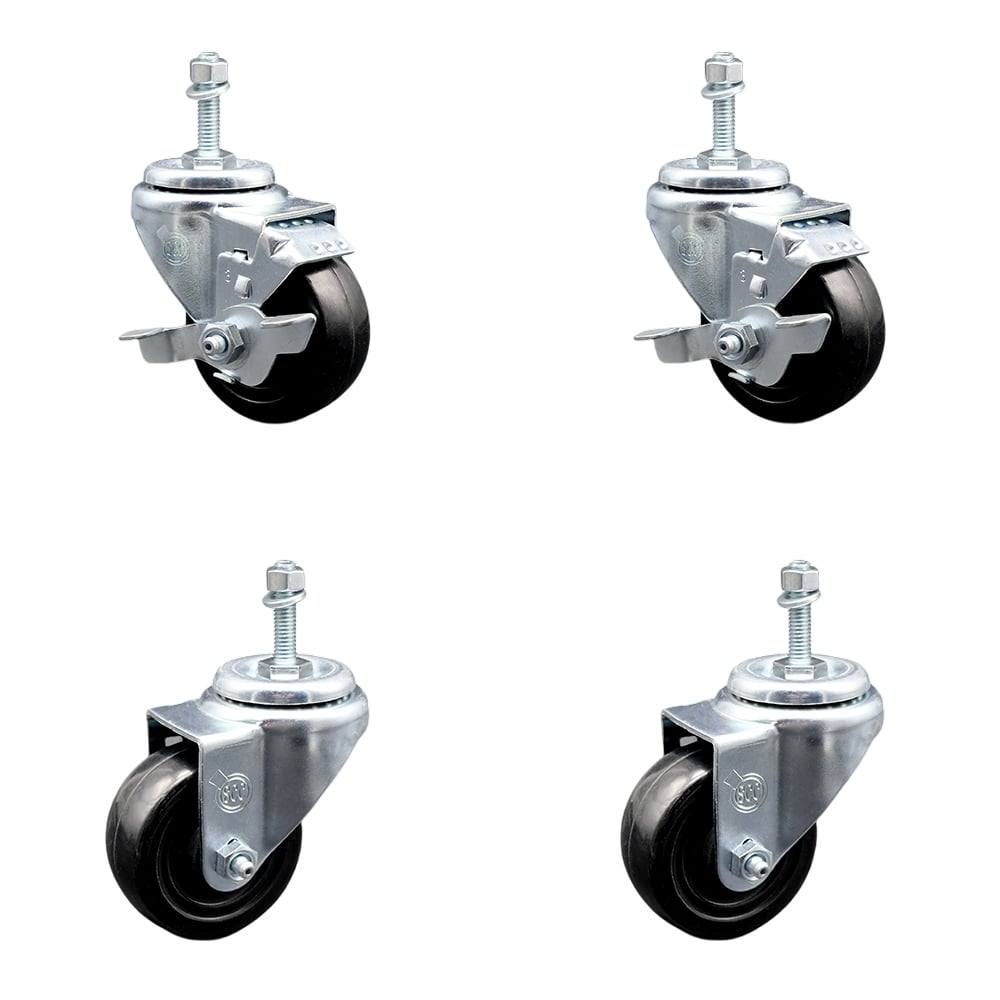 SCC-TS20S314-HRS-M1015-2-TLB-2 Hard Rubber Swivel Threaded Stem Caster with 3 x 1.25 in. Black Wheels & 10 mm Stems - Set of 4