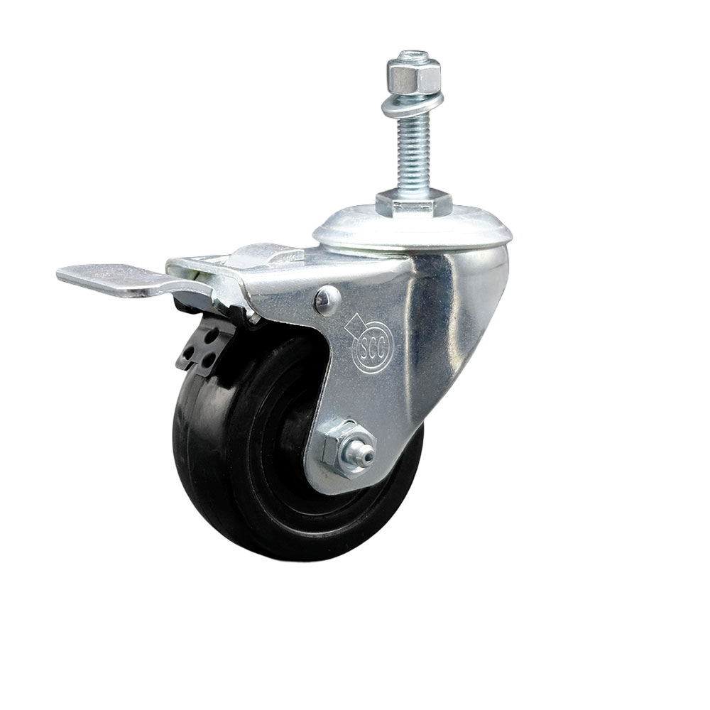 Stainless Steel Hard Rubber Swivel Threaded Stem Caster with 3 x 1.25 in. Black Wheel & 0.38 in. Stem & Total Locking Brake