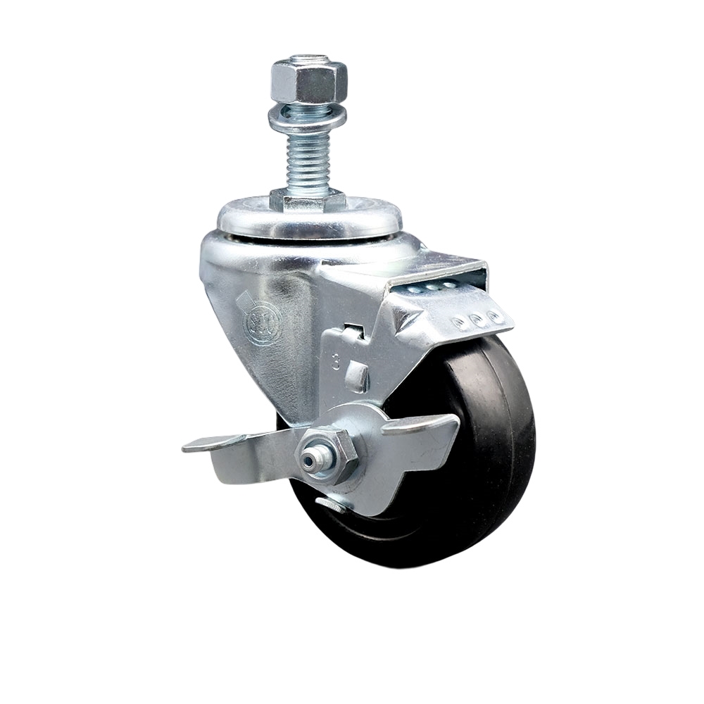 SCC-SSTS20S314-HRS-TLB-M1215 Stainless Steel Hard Rubber Swivel Threaded Stem Caster with 3 x 1.25 in. Black Wheel & 12 mm Stem & Top Locking Brake