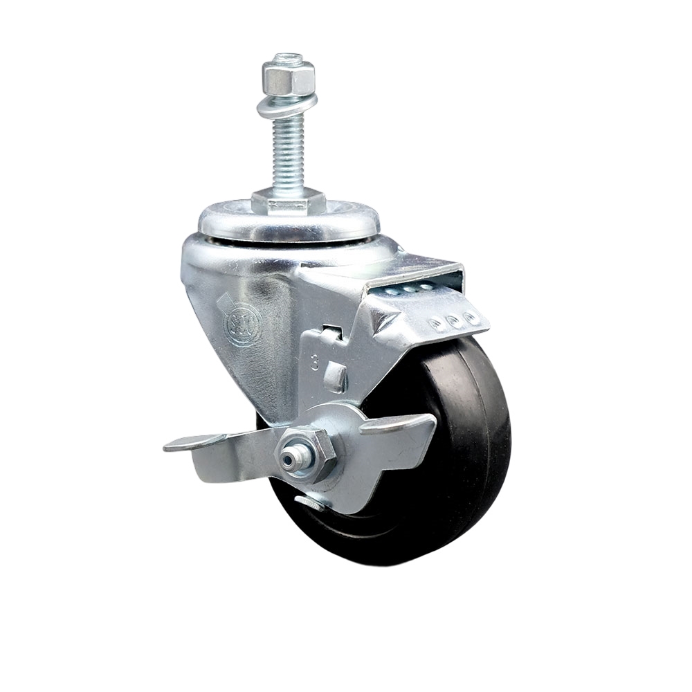 SCC-TS20S3514-HRS-TLB-M1015 Hard Rubber Swivel Threaded Stem Caster with 3.5 x 1.25 in. Black Wheel & 10 mm Stem & Top Locking Brake