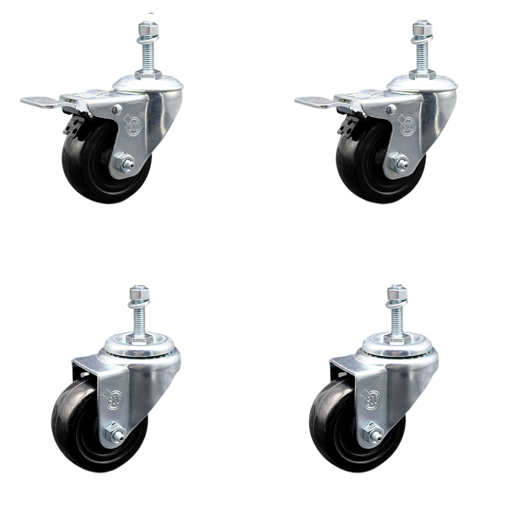 Stainless Steel Hard Rubber Swivel Threaded Stem Caster with 3.5 x 1.25 in. Black Wheels & 0.38 in. Stems - Set of 4