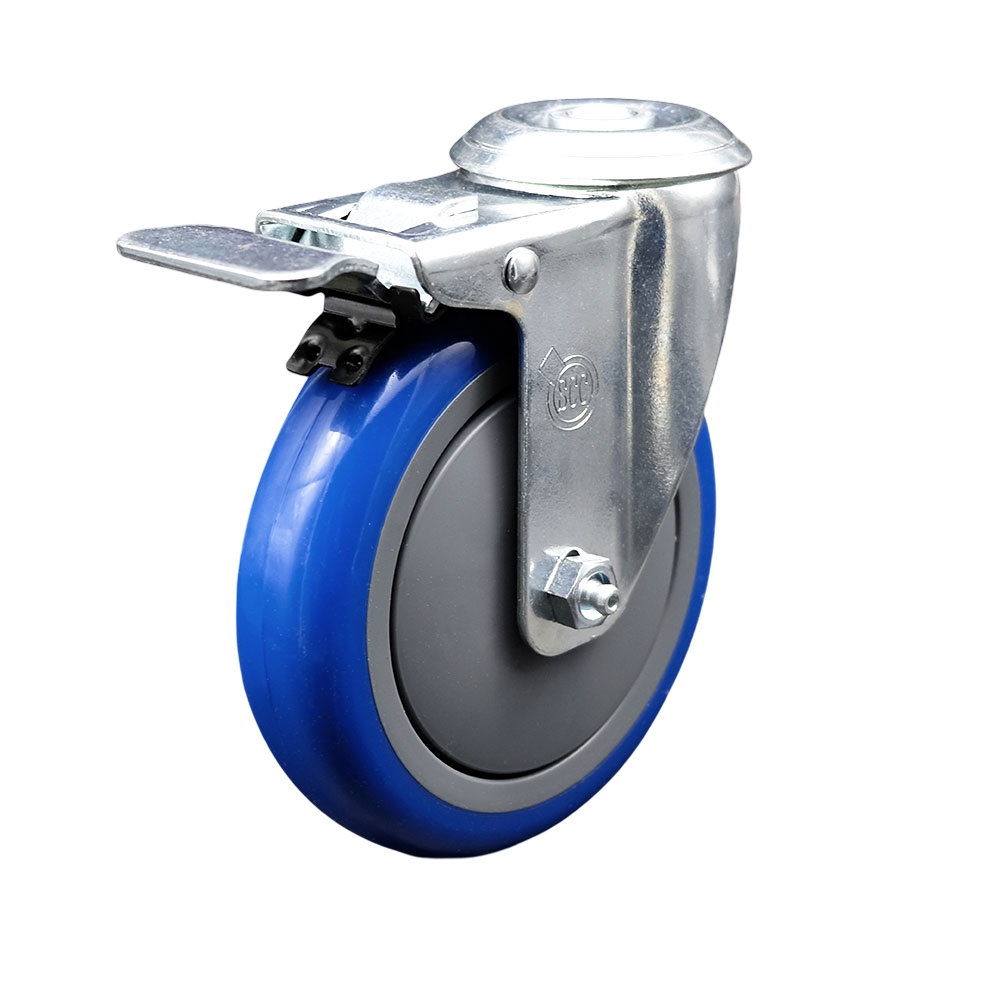SCC-SSBHTTL20S514-PPUB-BLUE Stainless Steel Polyurethane Swivel Bolt Hole Caster with 5 x 1.25 in. Blue Wheel & Total Locking Brake