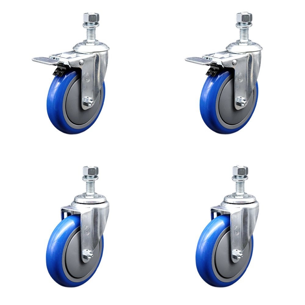 Stainless Steel Polyurethane Swivel Threaded Stem Caster with 5 x 1.25 in. Blue Wheels & 12 mm Stems - Set of 4