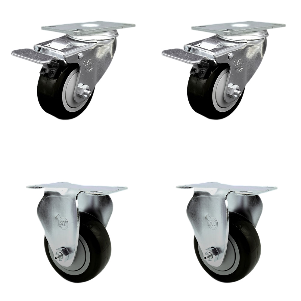 Stainless Steel Polyurethane Top Plate Caster with 3.5 x 1.25 in. Black Wheels, 2 Swivel Casters with Total Locking Brake & 2 Rigid - Set of 4