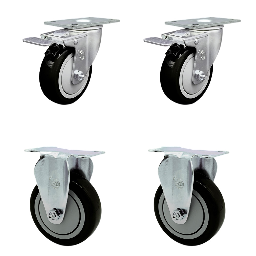 Stainless Steel Polyurethane Top Plate Caster with 4 x 1.25 in. Black Wheels, 2 Swivel Casters with Total Locking Brake & 2 Rigid - Set of 4