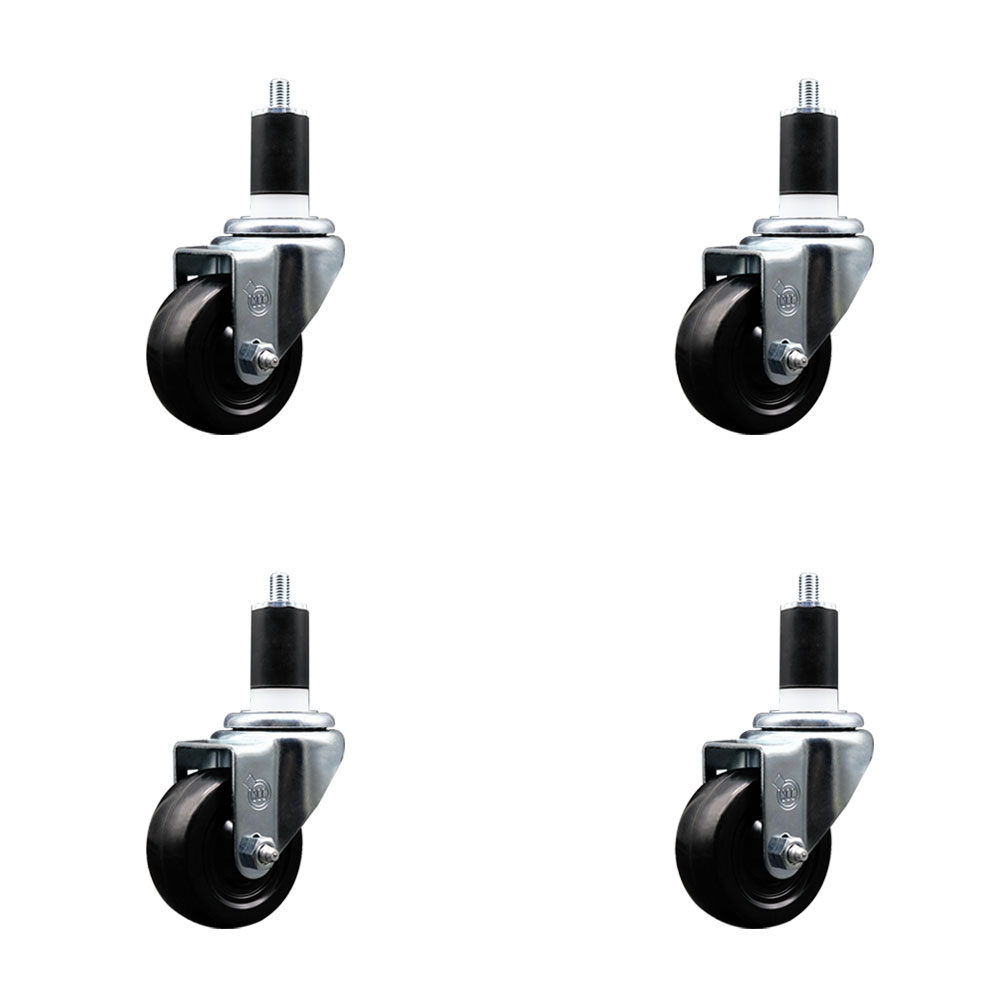SCC-SSEX20S314-HRS-112-4 Stainless Steel Hard Rubber Swivel Expanding Stem Caster with 3 x 1.25 in. Black Wheels & 1.5 in. Stems - Set of 4