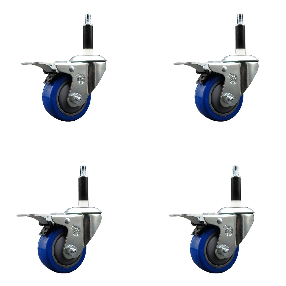 Stainless Steel Polyurethane Swivel Expanding Stem Caster with 3 in. Blue Wheels & 0.87 in. Stems 4 Swivel with Total Locking Brakes - Set of 4