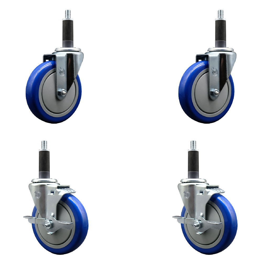 SCC-SSEX20S514-PPUB-BLUE-2-TLB-2-1 Stainless Steel Polyurethane Swivel Expanding Stem Caster with 5 in. Blue Wheels & 1 in. Stems - Set of 4