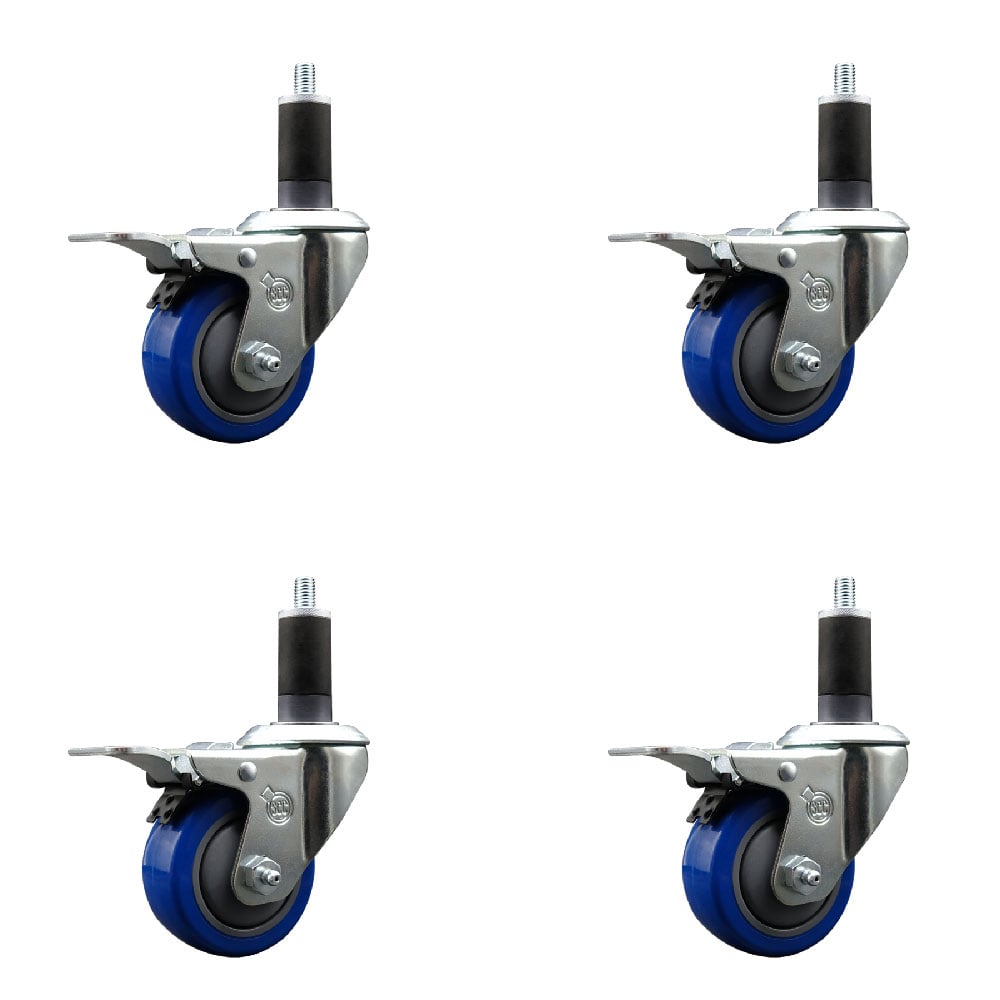 Stainless Steel Polyurethane Swivel Expanding Stem Caster with 3 in. Blue Wheels & 1.25 in. Stems 4 Swivel with Total Locking Brakes - Set of 4