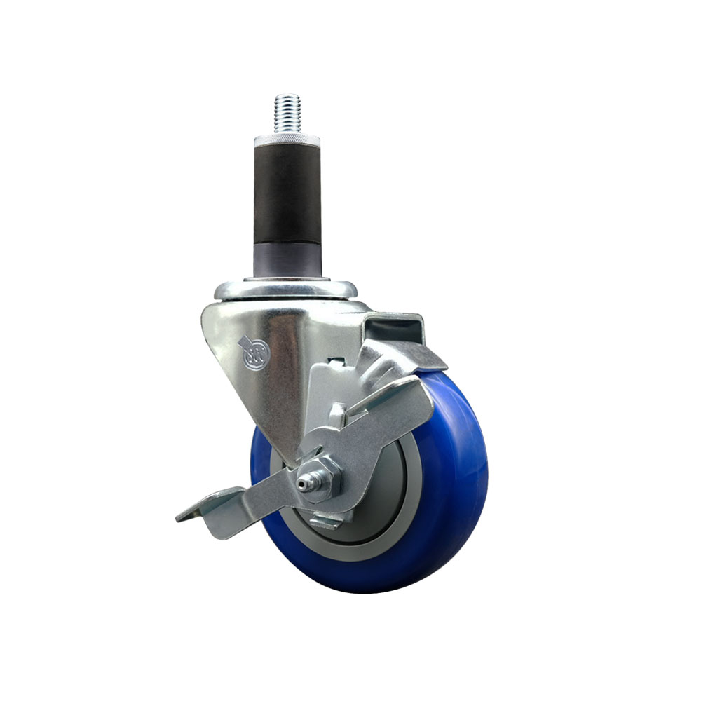 Stainless Steel Polyurethane Expanding Stem Swivel Caster with 3.5 in. Blue Wheel & 1.25 in. Stem & Top Locking Brake