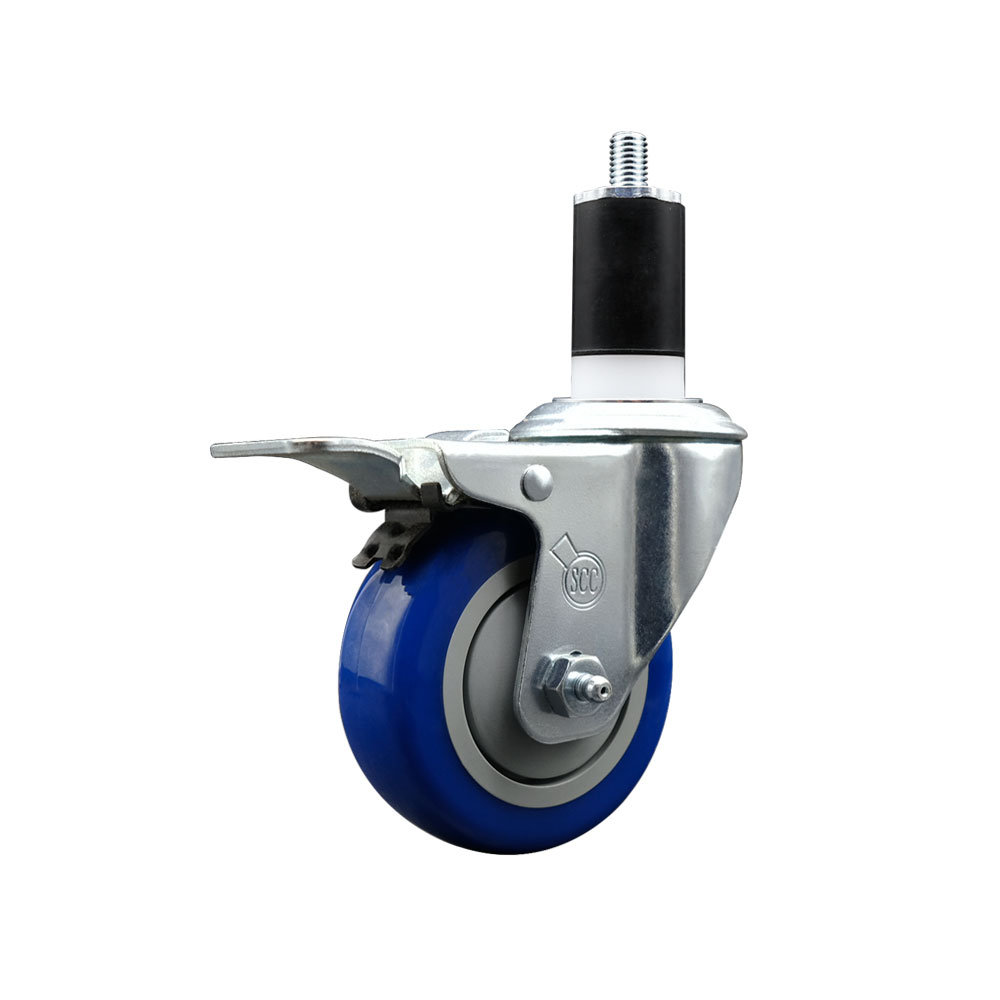 Stainless Steel Polyurethane Expanding Stem Swivel Caster with 3.5 in. Blue Wheel & 1.25 in. Stem & Total Locking Brake