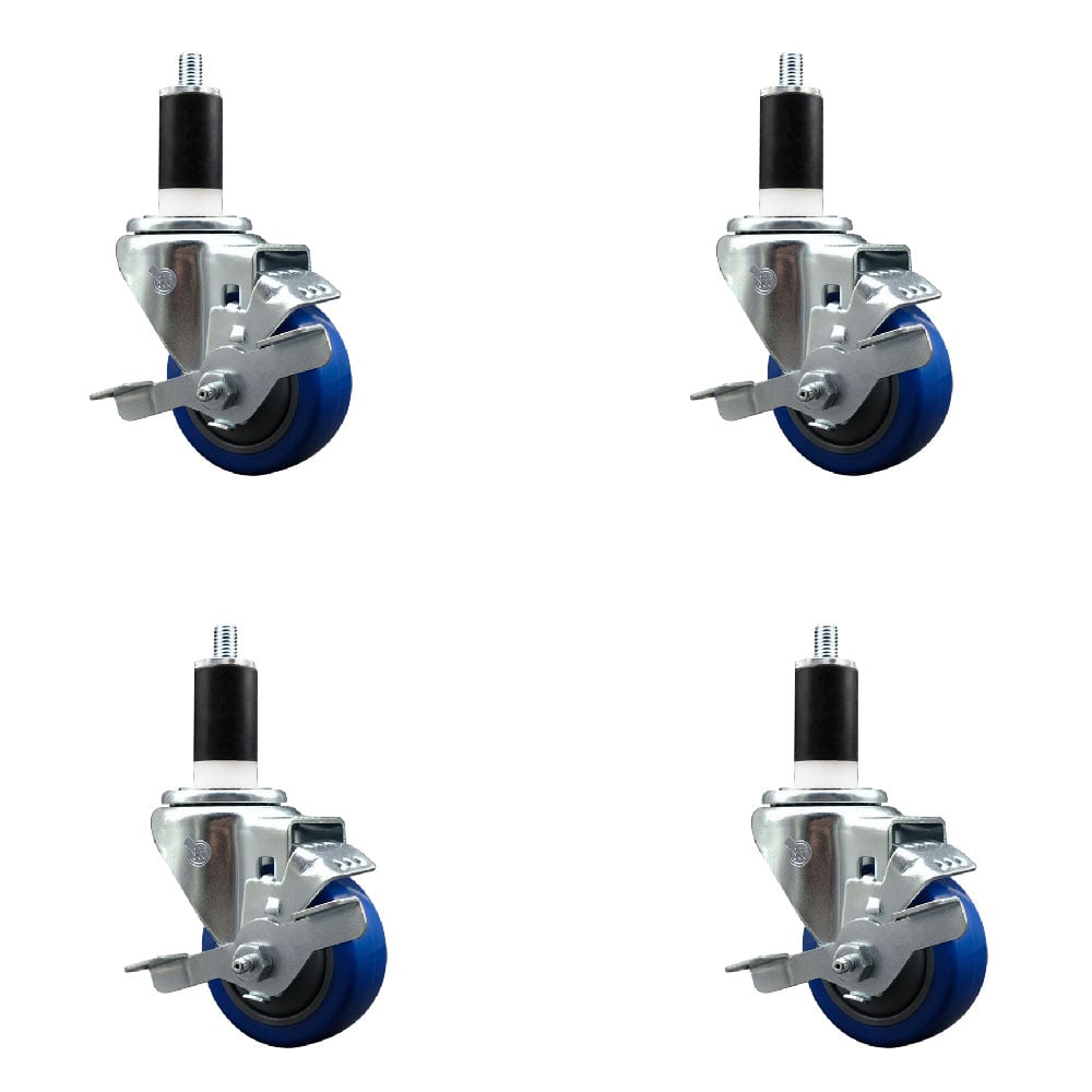Stainless Steel Polyurethane Swivel Expanding Stem Caster with 3 in. Blue Wheels & 1.38 in. Stems 4 Swivel with Top Locking Brakes - Set of 4