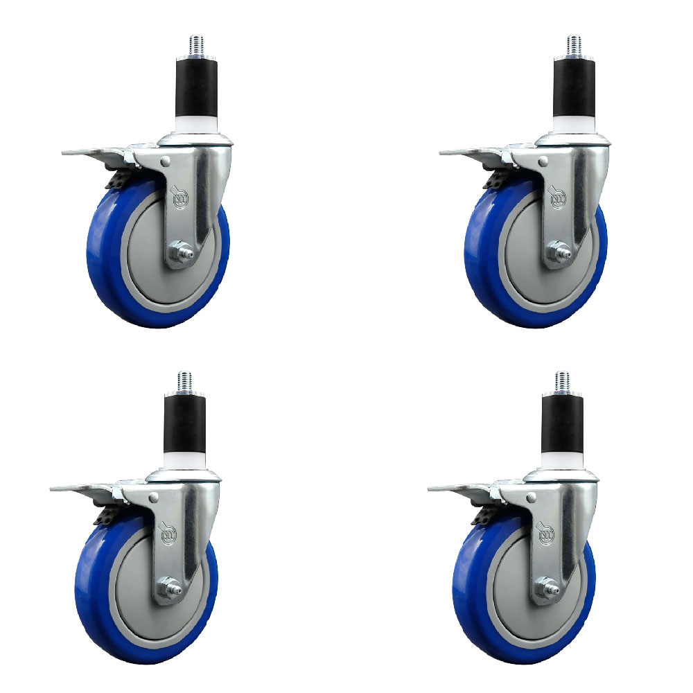 Stainless Steel Polyurethane Swivel Expanding Stem Caster with 5 in. Blue Wheels & 1.5 in. Stems 4 Swivel with Total Locking Brakes - Set of 4