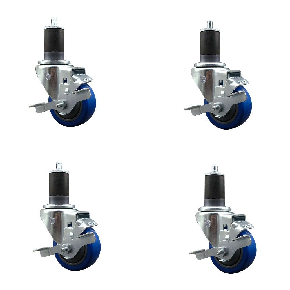 Stainless Steel Polyurethane Swivel Expanding Stem Caster with 3 in. Blue Wheels & 1.63 in. Stems 4 Swivel with Top Locking Brakes - Set of 4