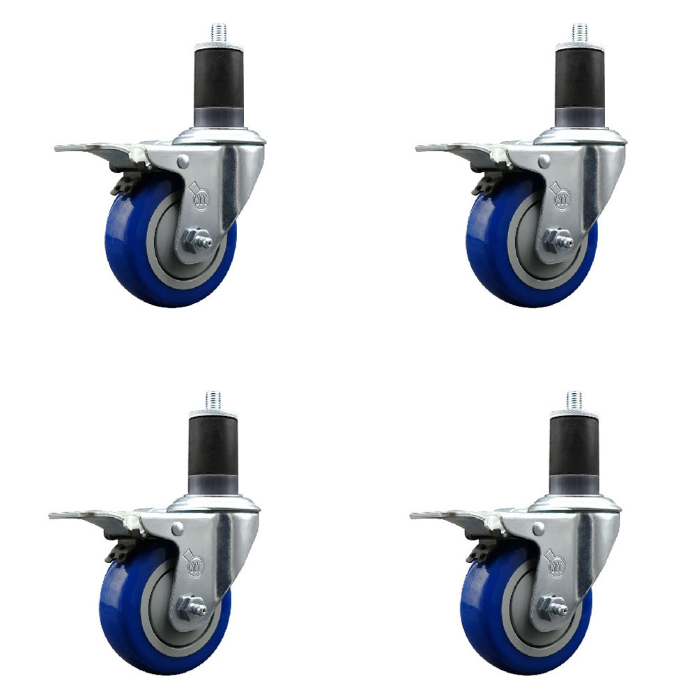 Stainless Steel Polyurethane Swivel Expanding Stem Caster with 3.5 in. Blue Wheels & 1.63 in. Stems 4 Swivel with Total Locking Brakes - Set of 4