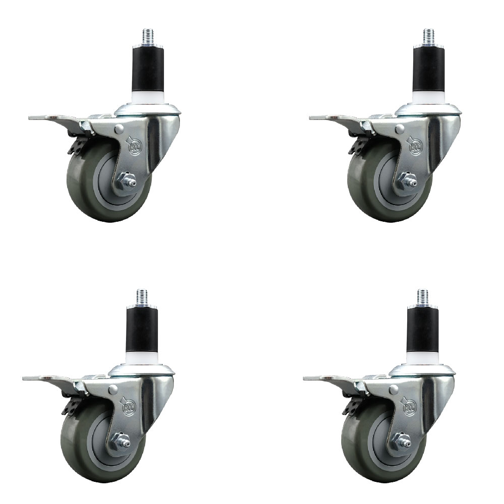 Stainless Steel Polyurethane Swivel Expanding Stem Caster with 3 in. Gray Wheels & 1.5 in. Stems 4 Swivel with Total Locking Brakes - Set of 4