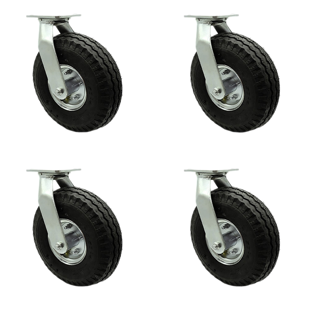 SCC-100S3504-PNB-BSL-2-S-2 10 in. Swivel Pneumatic Rubber Wheel Casters, Black - Set of 4