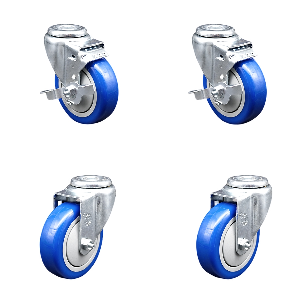 SCC-BH20S414-PPUB-BLUE-TLB-2-S-2 Polyurethane Swivel Bolt Hole Caster with 4 x 1.25 in. Blue Wheels - Set of 4