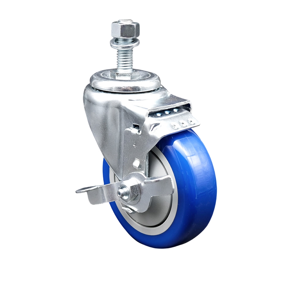 Stainless Steel Polyurethane Swivel Threaded Stem Caster with 4 x 1.25 in. Blue Wheel & 0.5 in. Stem & Top Locking Brake