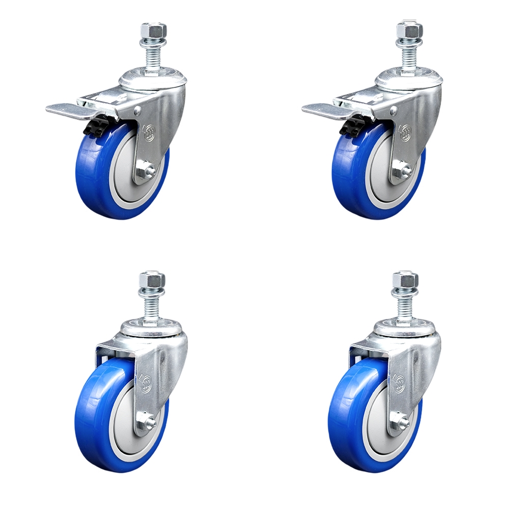 Stainless Steel Polyurethane Swivel Threaded Stem Caster with 4 x 1.25 in. Blue Wheels & 0.5 in. Stems - Set of 4