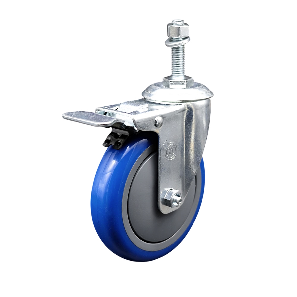 Stainless Steel Polyurethane Swivel Threaded Stem Caster with 5 x 1.25 in. Blue Wheel & 0.38 in. Stem & Total Locking Brake
