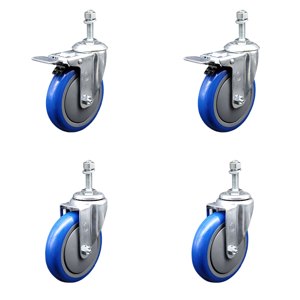Stainless Steel Polyurethane Swivel Threaded Stem Caster with 5 x 1.25 in. Blue Wheels & 0.38 in. Stems - Set of 4