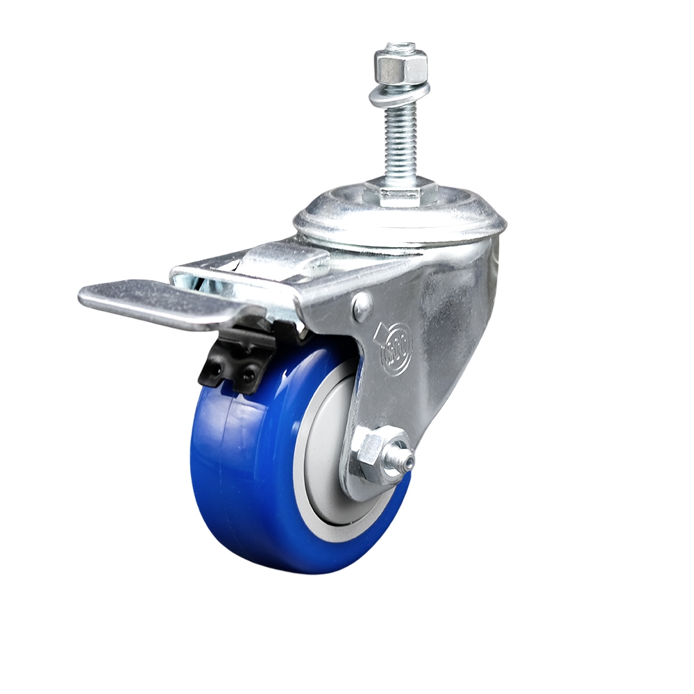 Stainless Steel Polyurethane Swivel Threaded Stem Caster with 3.5 x 1.25 in. Blue Wheel & 10 mm Stem & Total Locking Brake
