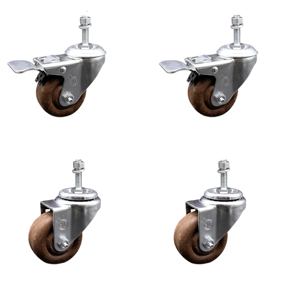 Stainless Steel High Temperature Glass Filled Nylon Swivel Threaded Stem Caster with 3.5 x 1.25 in. Brown Wheels & 0.38 in. Stems - Set of 4