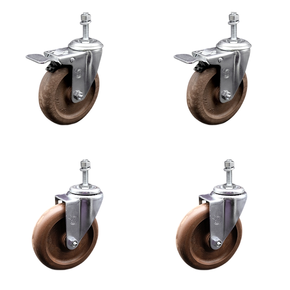 Stainless Steel High Temperature Glass Filled Nylon Swivel Threaded Stem Caster with 5 x 1.25 in. Brown Wheels & 0.38 in. Stems - Set of 4