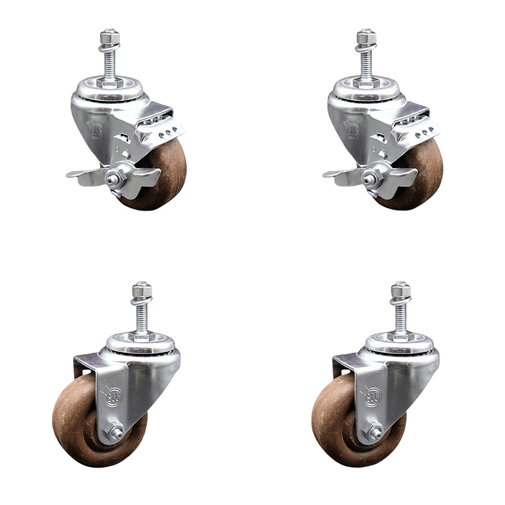 High Temperature Glass Filled Nylon Swivel Threaded Stem Caster with 3.5 x 1.25 in. Brown Wheels & 10 mm Stems - Set of 4
