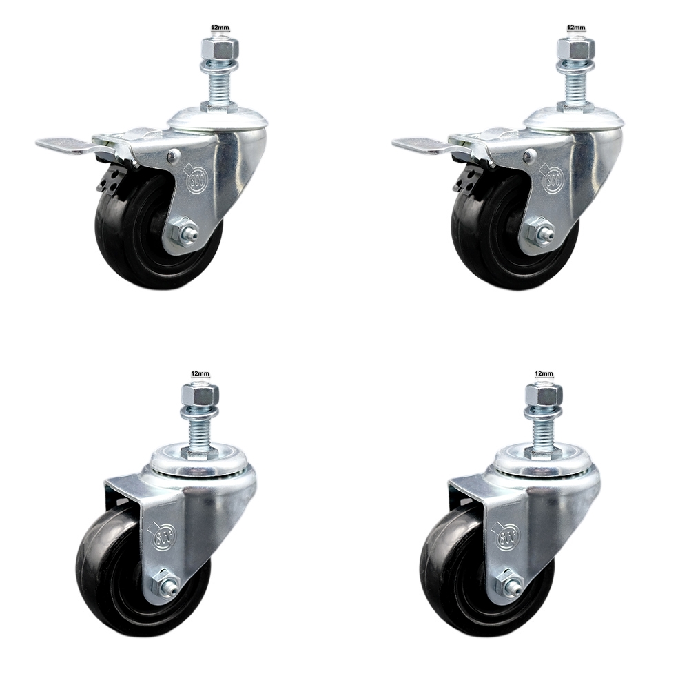 SCC-SSTSTTL20S314-HRS-M1215-2-S-2 Stainless Steel Hard Rubber Swivel Threaded Stem Caster with 3 x 1.25 in. Black Wheels & 12 mm Stems - Set of 4