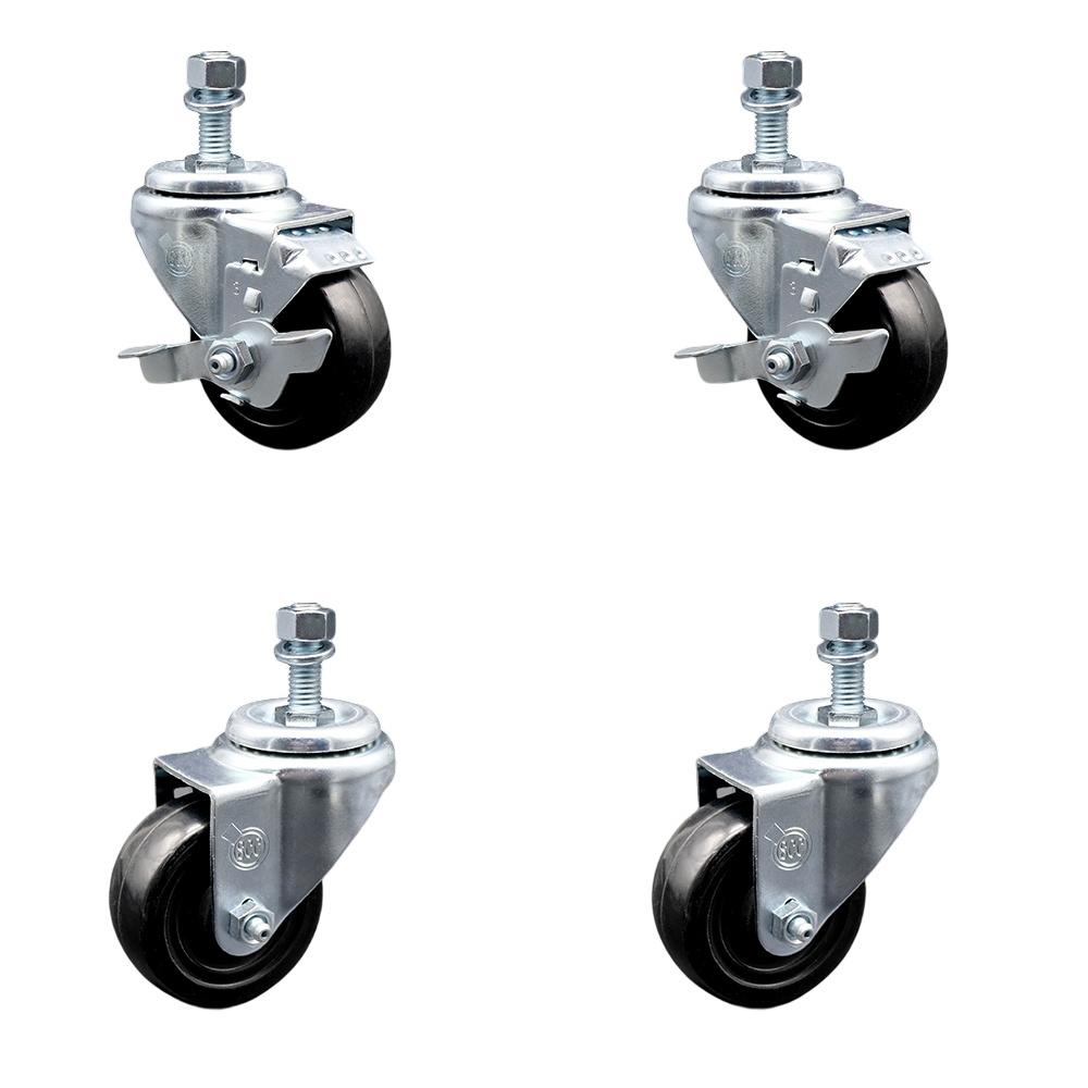 SCC-TS20S3514-HRS-M1215-2-TLB-2 Hard Rubber Swivel Threaded Stem Caster with 3.5 x 1.25 in. Black Wheels & 12 mm Stems - Set of 4
