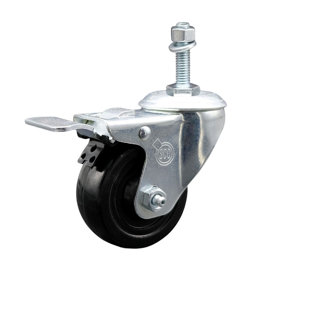 Stainless Steel Hard Rubber Swivel Threaded Stem Caster with 3.5 x 1.25 in. Black Wheel & 0.38 in. Stem & Total Locking Brake