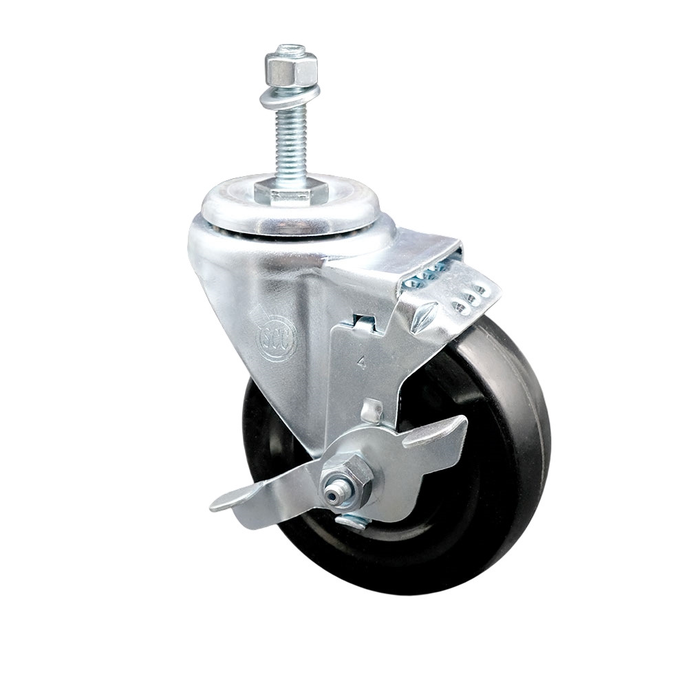 SCC-TS20S414-HRS-TLB-M1015 Hard Rubber Swivel Threaded Stem Caster with 4 x 1.25 in. Black Wheel & 10 mm Stem & Top Locking Brake
