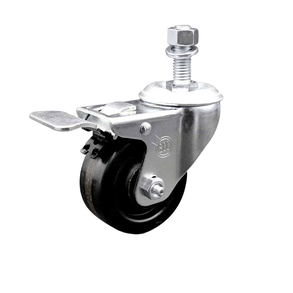 SCC-TSTTL20S314-PHR-M1215 Phenolic Swivel Threaded Stem Caster with Roller Bearing 3 x 1.25 in. Black Wheel & 12 mm Stem & Total Locking Brake