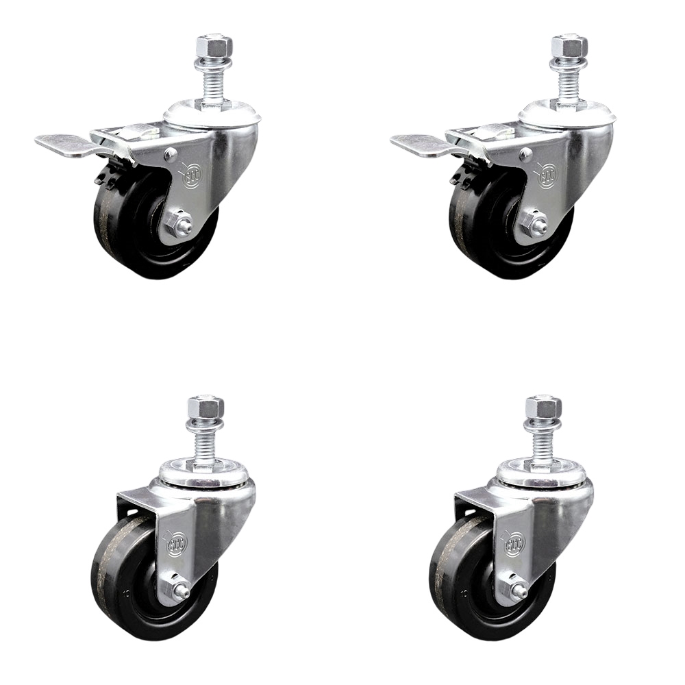 SCC-TSTTL20S3514-PHR-M1215-2-S-2 Phenolic Swivel Threaded Stem Caster with Roller Bearing 3.5 x 1.25 in. Black Wheels & 12 mm Stems - Set of 4