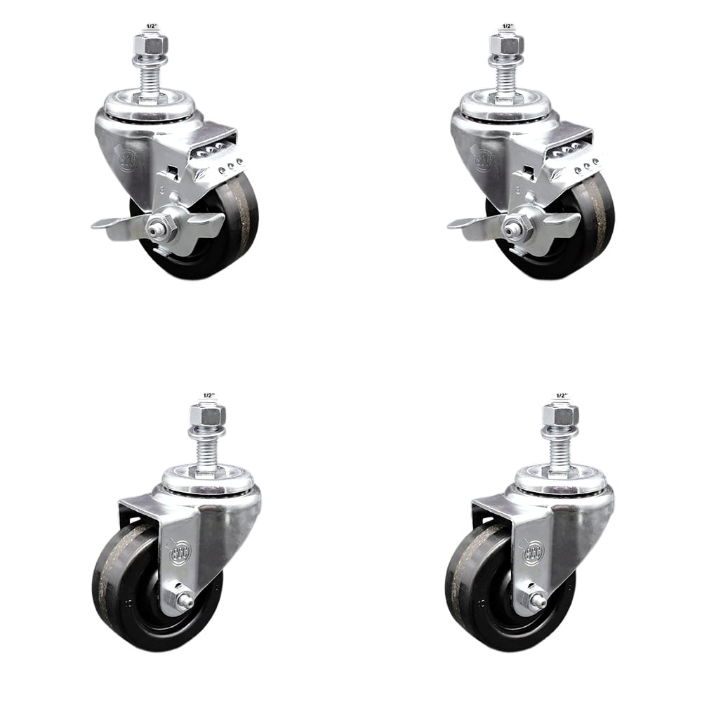 SCC-SSTS20S314-PHS-121315-2-TLB-2 Stainless Steel Phenolic Swivel Threaded Stem Caster with 3 x 1.25 in. Black Wheels & 0.5 in. Stems - Set of 4