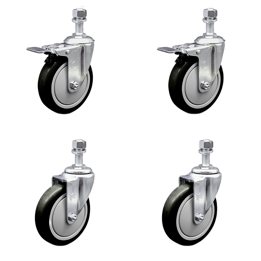 Stainless Steel Polyurethane Swivel Threaded Stem Caster with 5 x 1.25 in. Black Wheels & 12 mm Stems - Set of 4