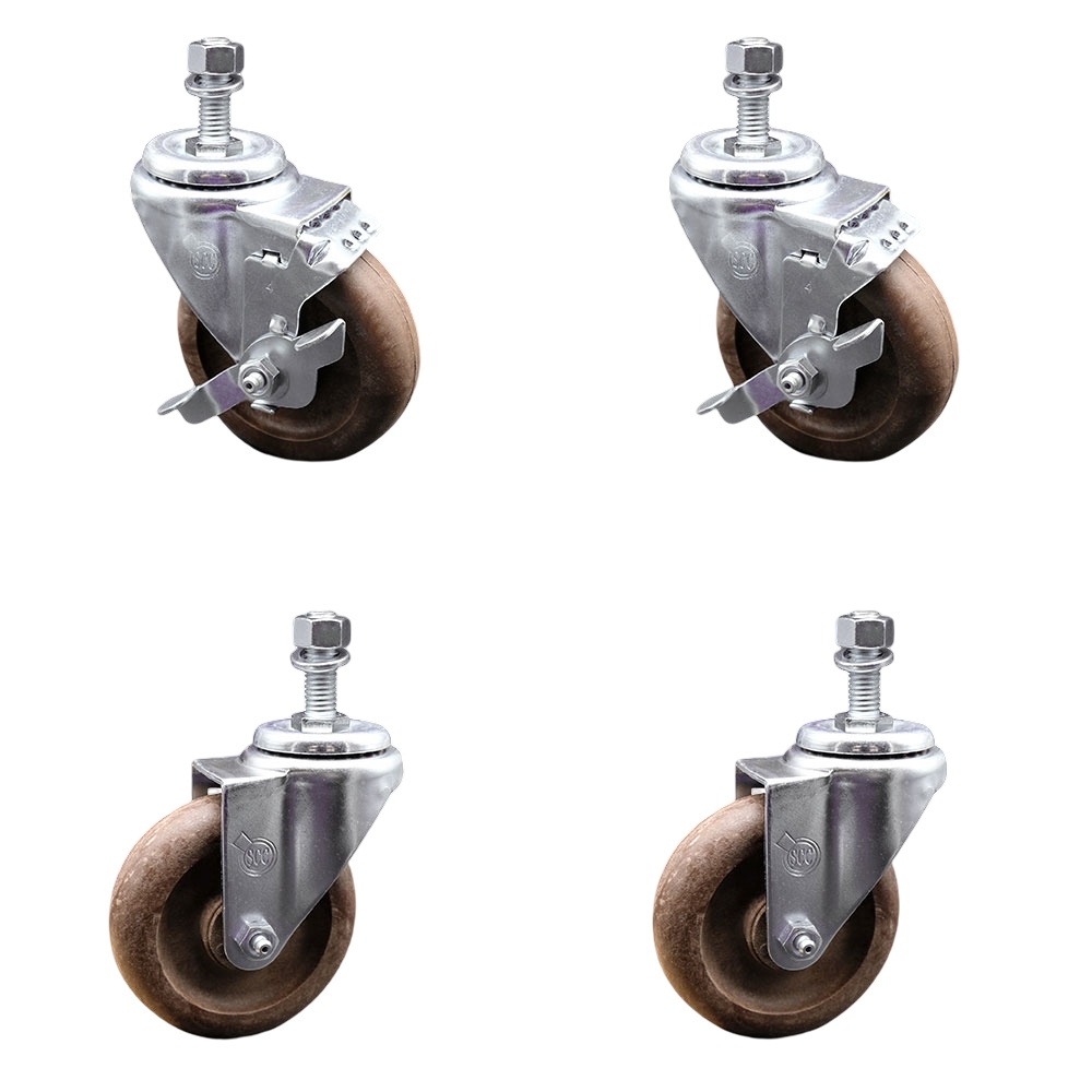 High Temperature Glass Filled Nylon Swivel Threaded Stem Caster with 4 x 1.25 in. Brown Wheels & 0.5 in. Stems - Set of 4