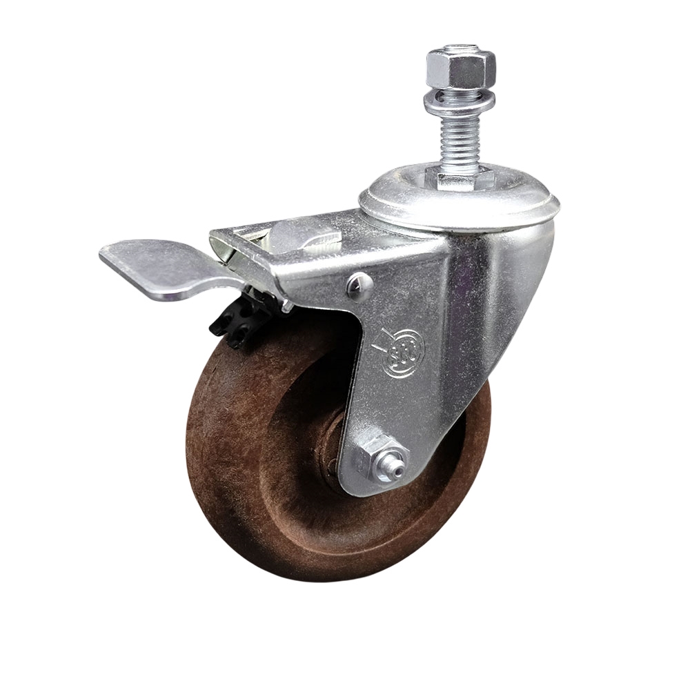 Stainless Steel High Temperature Glass Filled Nylon Swivel Threaded Stem Caster with 4 x 1.25 in. Brown Wheel & 0.5 in. Stem & Total Locking Brake