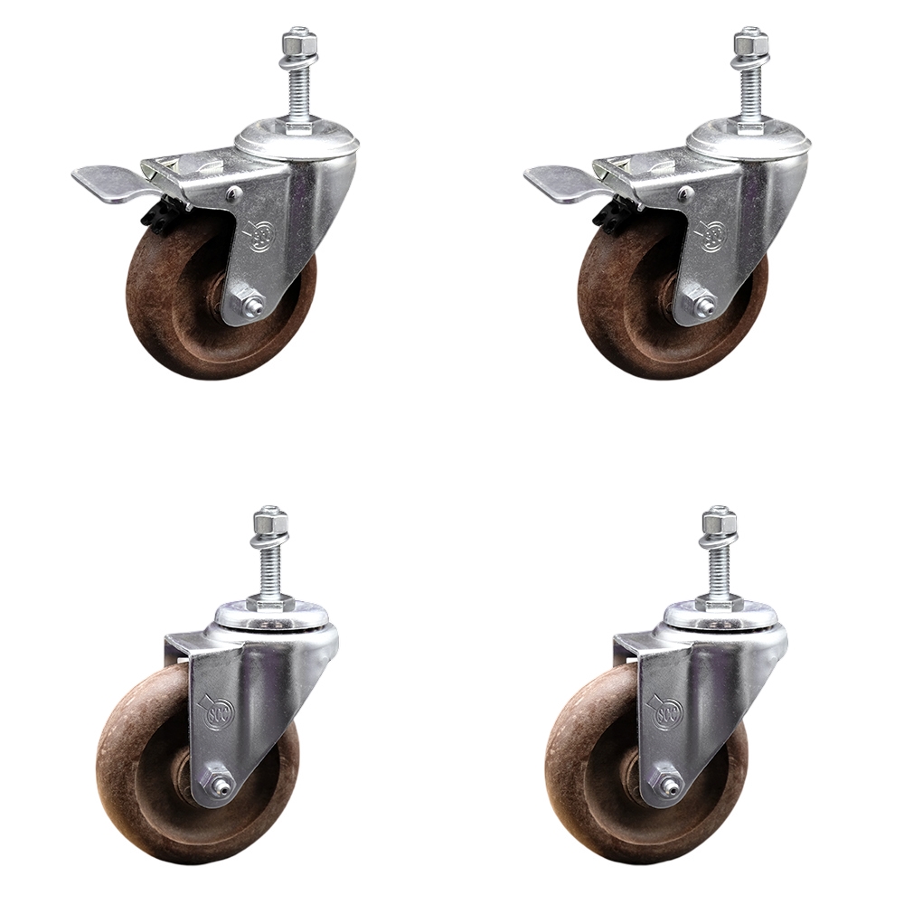 High Temperature Glass Filled Nylon Swivel Threaded Stem Caster with 4 x 1.25 in. Brown Wheels & 0.38 in. Stems - Set of 4