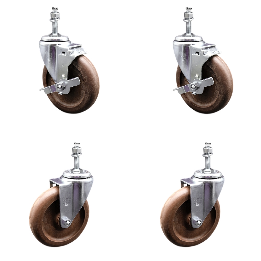 Stainless Steel High Temperature Glass Filled Nylon Swivel Threaded Stem Caster with 5 x 1.25 in. Brown Wheels & 10 mm Stems - Set of 4