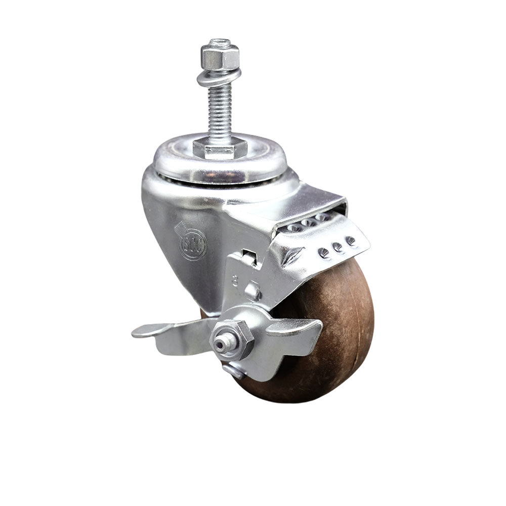 Stainless Steel High Temperature Glass Filled Nylon Swivel Threaded Stem Caster with 3.5 x 1.25 in. Brown Wheel & 12 mm Stem & Top Locking Brake