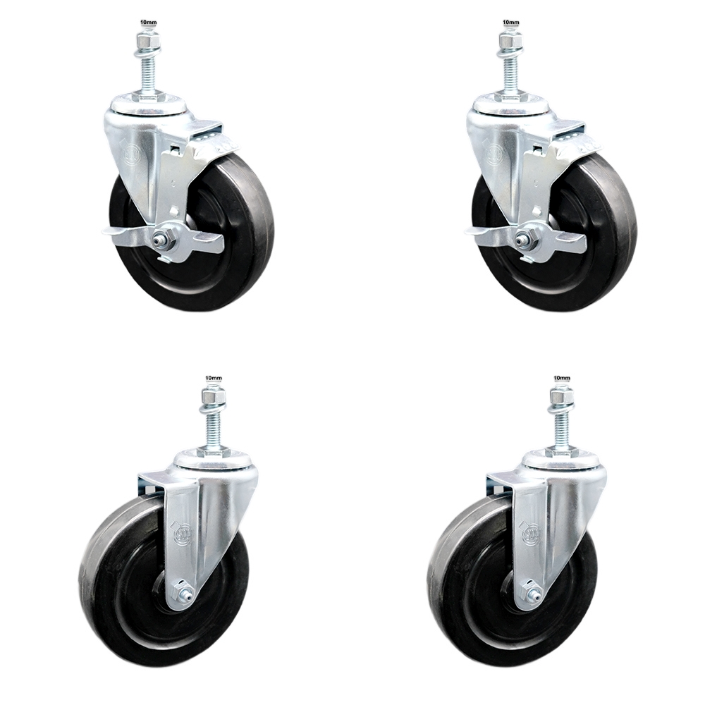 SCC-SSTS20S514-HRS-M1015-2-TLB-2 Stainless Steel Hard Rubber Swivel Threaded Stem Caster with 5 x 1.25 in. Black Wheels & 10 mm Stems - Set of 4